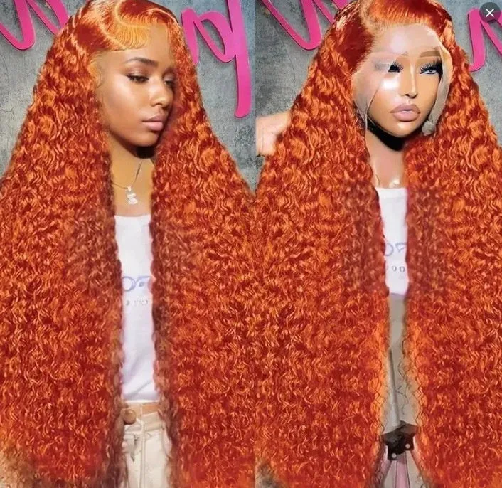 Women's front lace wig in long curly style with side bangs, small roll design, available in multiple colours and sizes
