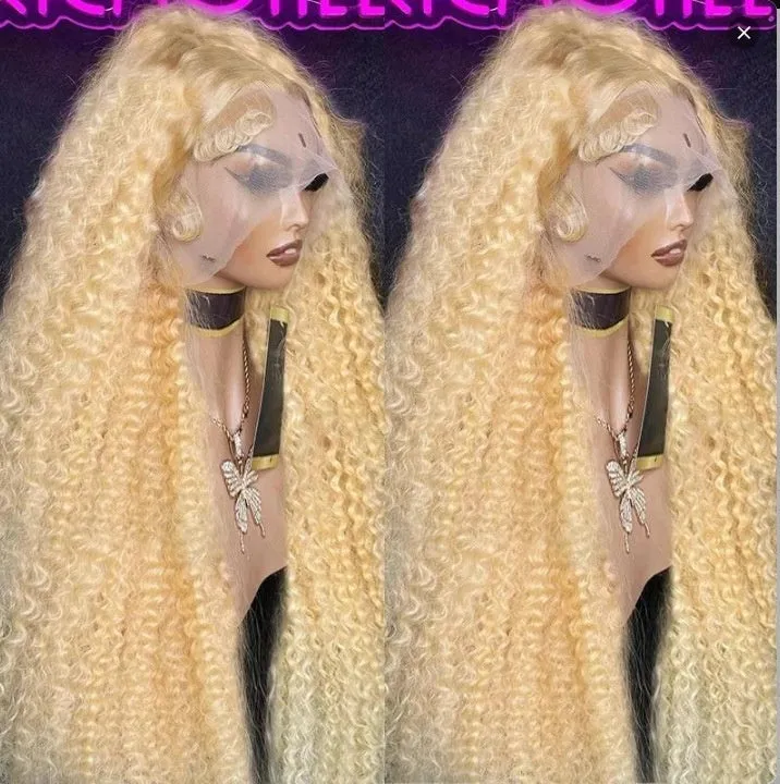 Women's front lace wig in long curly style with side bangs, small roll design, available in multiple colours and sizes