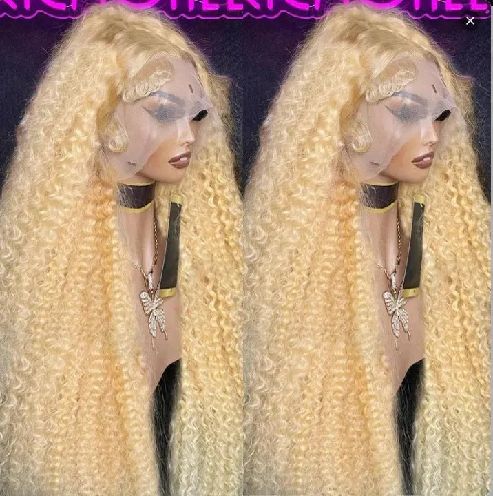 Women's front lace wig in long curly style with side bangs, small roll design, available in multiple colours and sizes