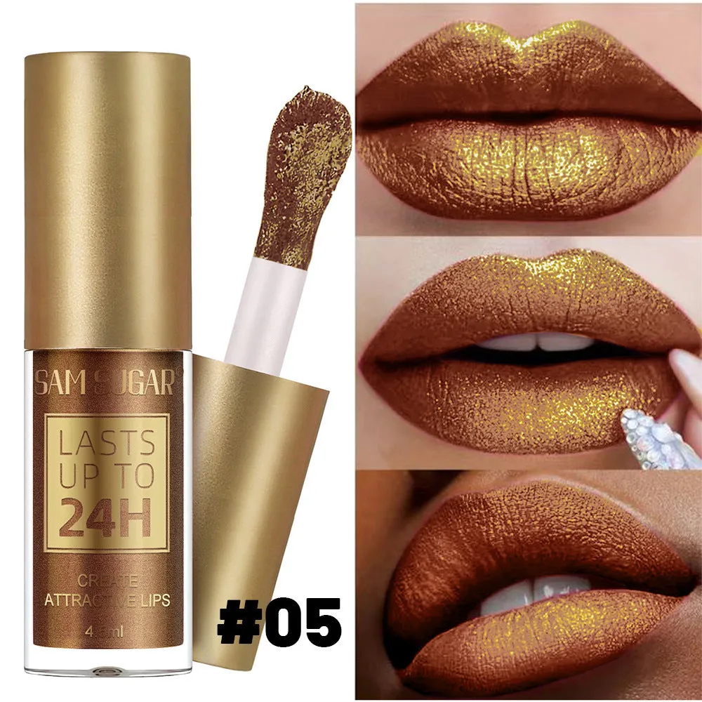 6-colour set of glittering pearlescent lip lacquer tubes in metallic finish shades 01 to 06