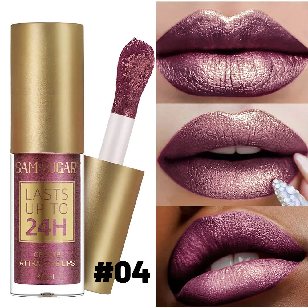 6-colour set of glittering pearlescent lip lacquer tubes in metallic finish shades 01 to 06