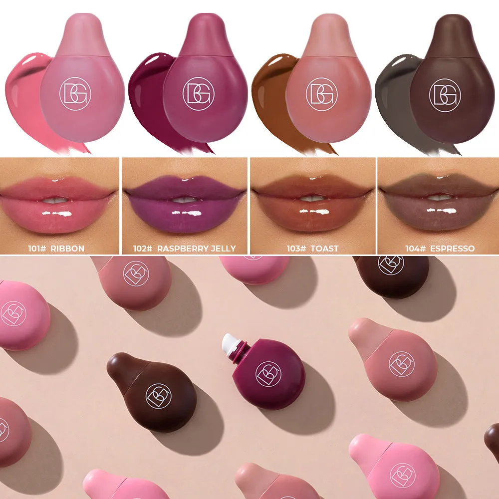 Four shades of moisturising coloured lip lacquer in a set, labelled 101 102 103 104, with glossy finish.