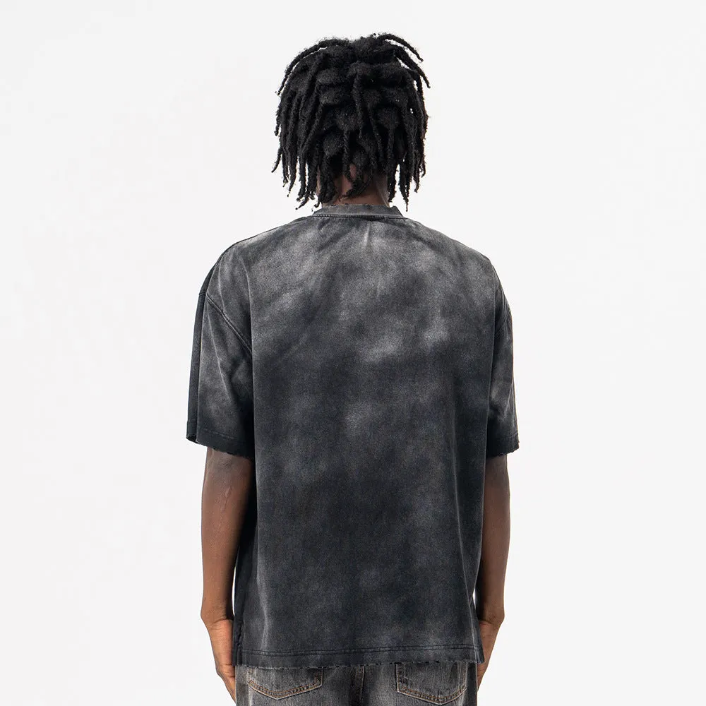 Men's black oversized cotton t-shirt with printed white letter design and drop-shoulder short sleeves