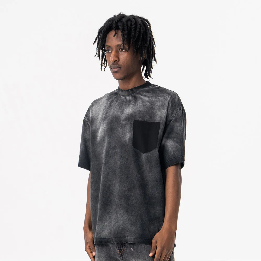 Men's black oversized cotton t-shirt with printed white letter design and drop-shoulder short sleeves