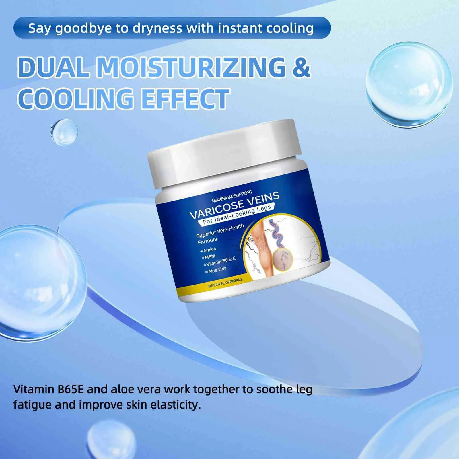 100ml leg vein relaxation care cream in a white tube with blue and green label, standard specification