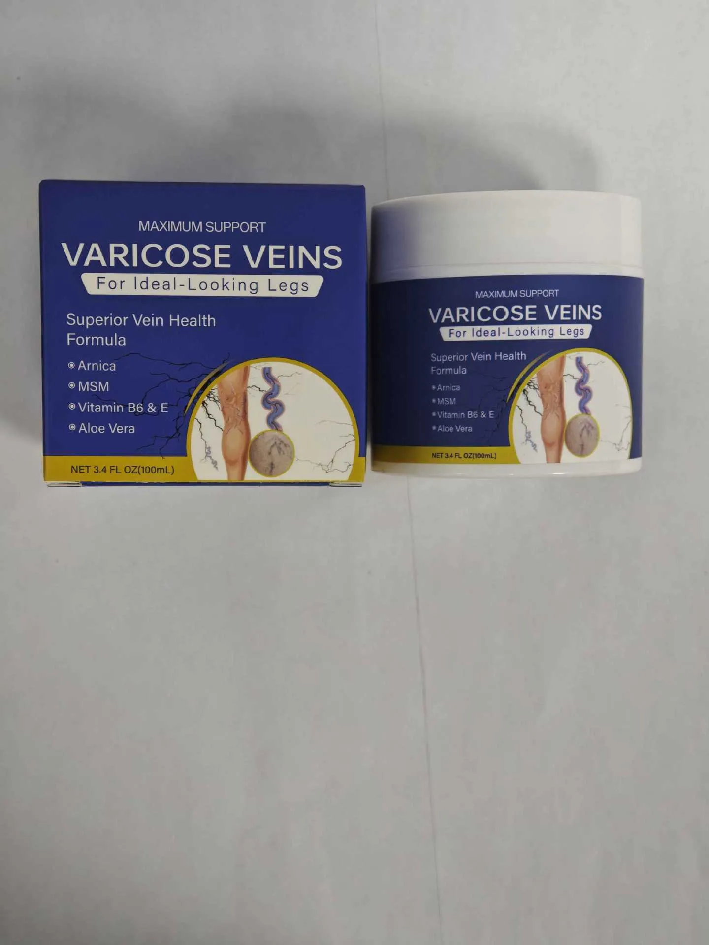100ml leg vein relaxation care cream in a white tube with blue and green label, standard specification