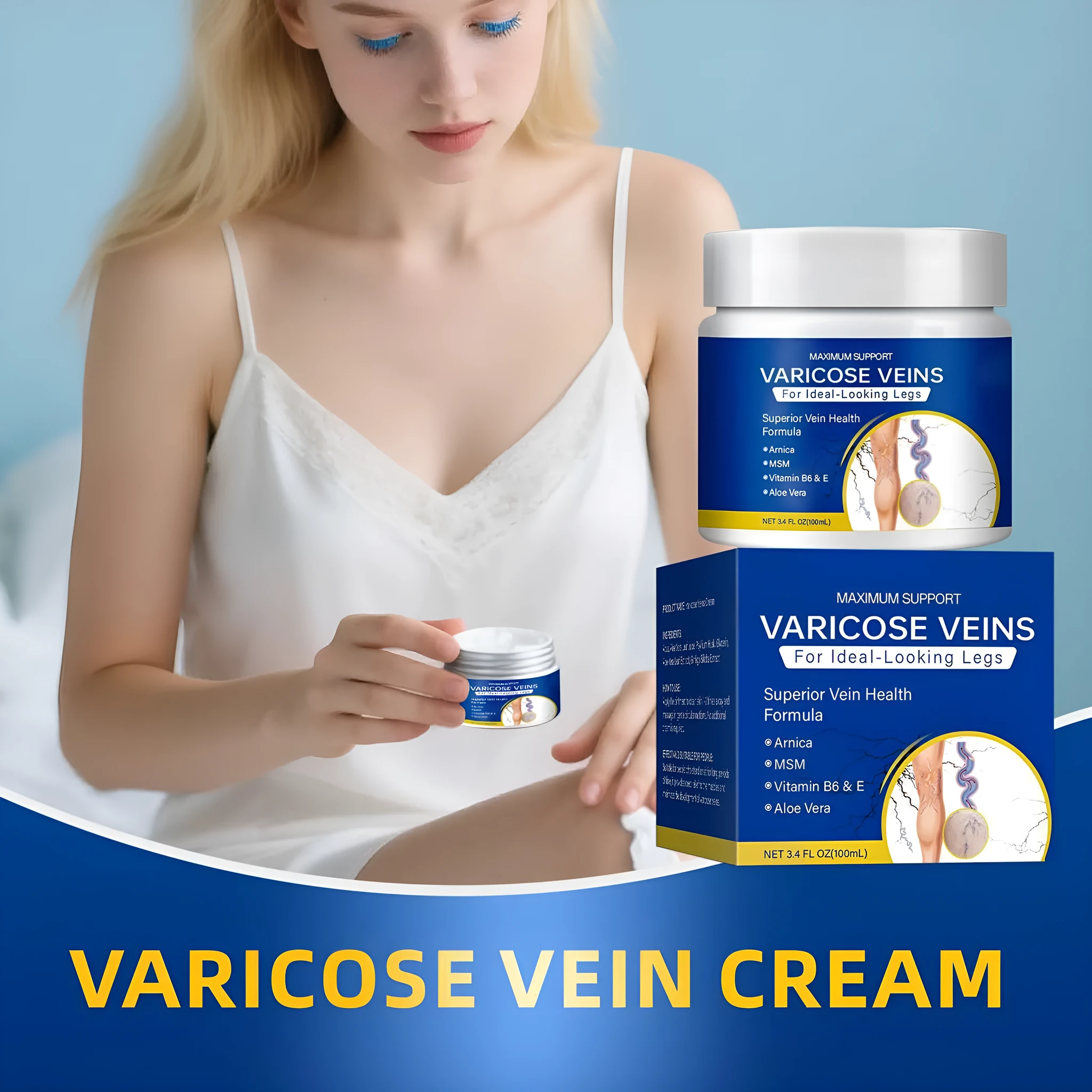 100ml leg vein relaxation care cream in a white tube with blue and green label, standard specification