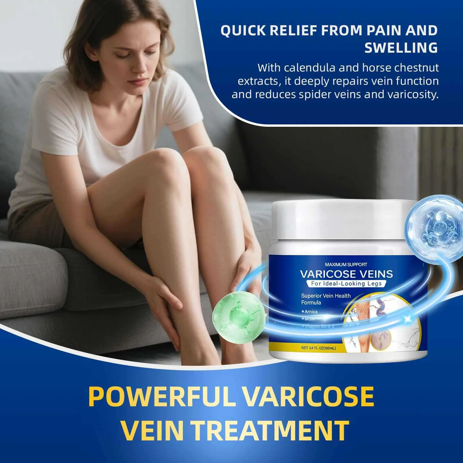 100ml leg vein relaxation care cream in a white tube with blue and green label, standard specification