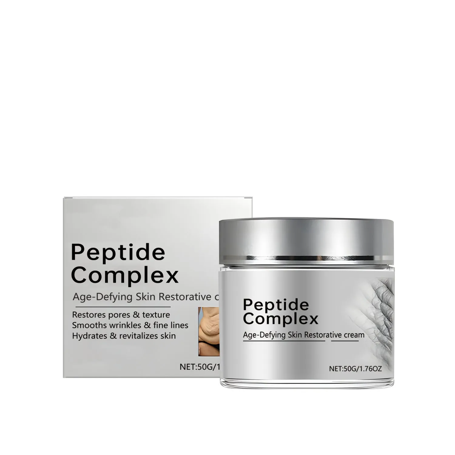 Skin Restorative Cream in a white jar, 50g net weight, with peptide formula for firming and moisture