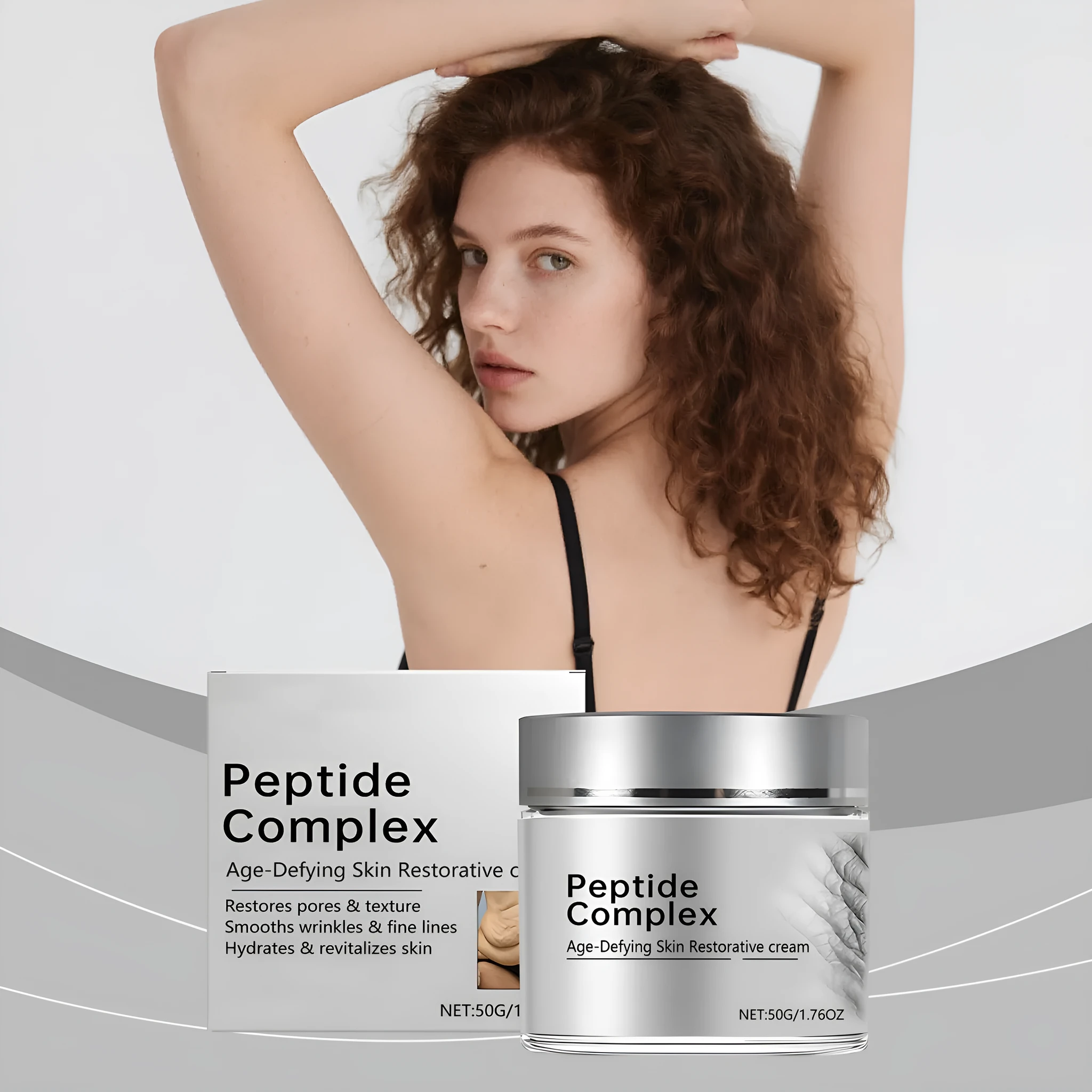 Skin Restorative Cream in a white jar, 50g net weight, with peptide formula for firming and moisture