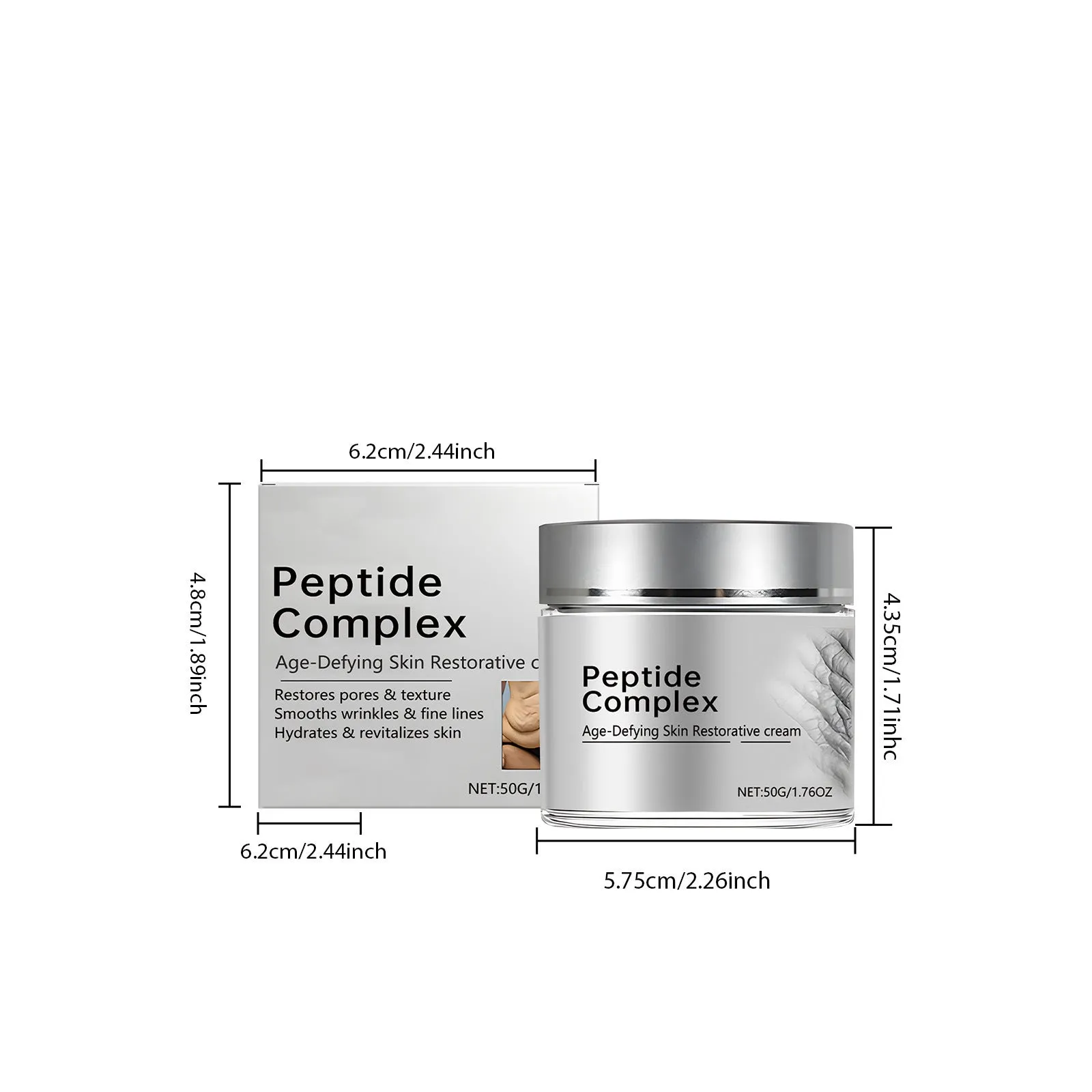 Skin Restorative Cream in a white jar, 50g net weight, with peptide formula for firming and moisture