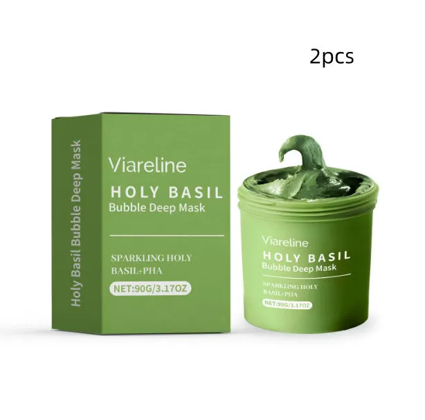 Holy Basil Bubble Deep Mask tube and product foam on hand