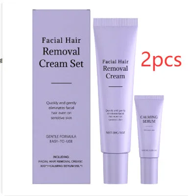 Facial hair removal cream set with 30g depilatory cream tube and 5ml ball essence bottle on a clean surface