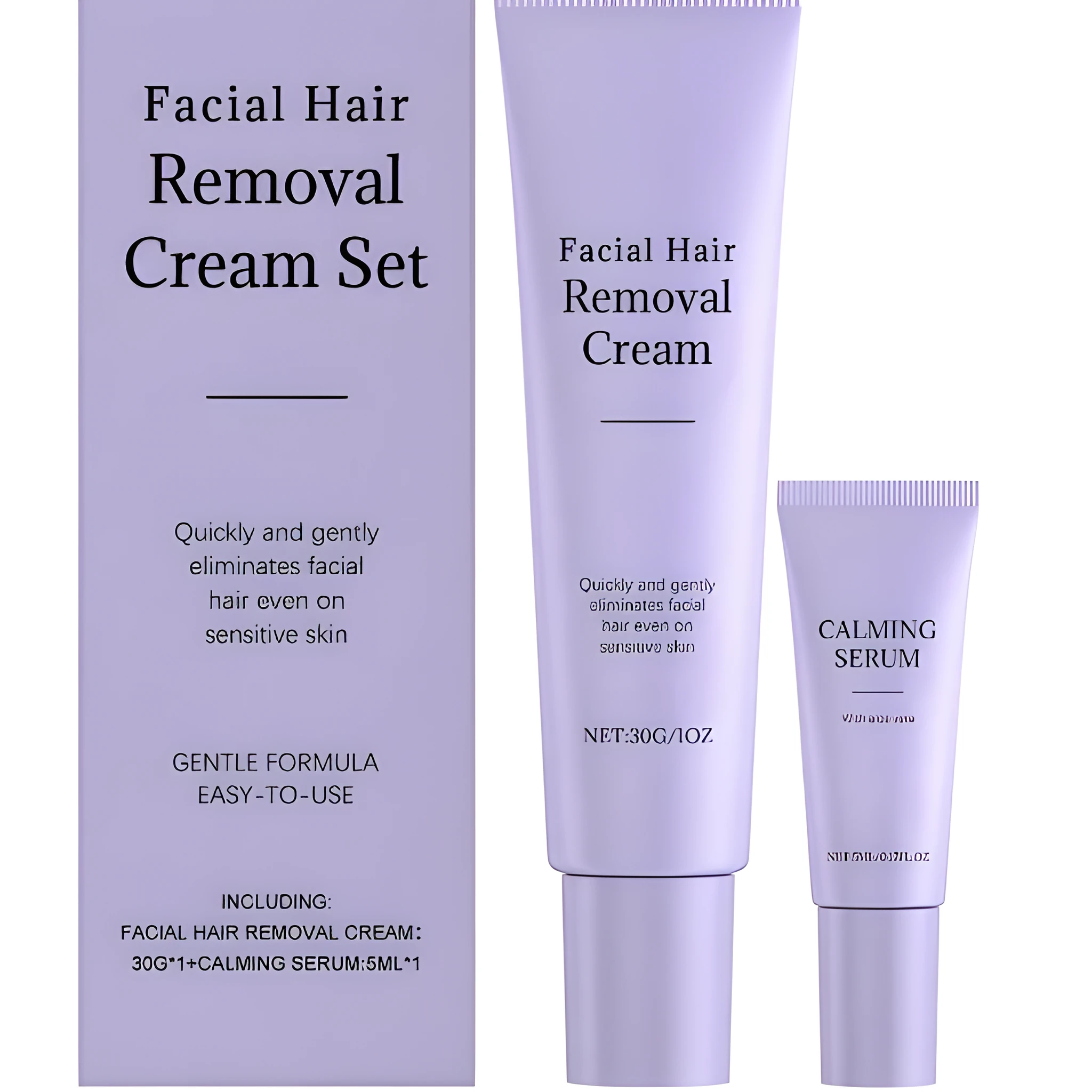 Facial hair removal cream set with 30g depilatory cream tube and 5ml ball essence bottle on a clean surface