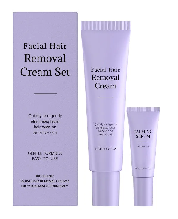Facial hair removal cream set with 30g depilatory cream tube and 5ml ball essence bottle on a clean surface