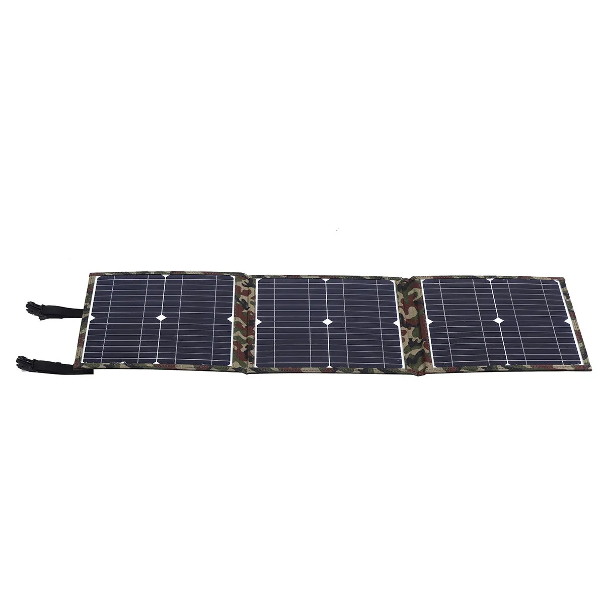 Black foldable 36W portable solar panel with car charger and USB accessories unfolded to 87cm width