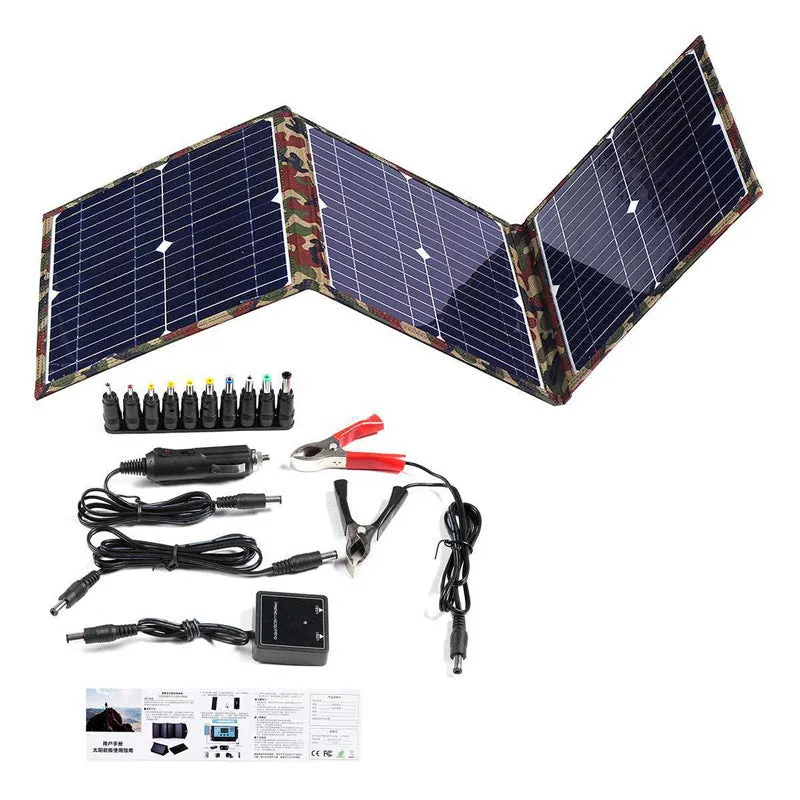 Black foldable 36W portable solar panel with car charger and USB accessories unfolded to 87cm width