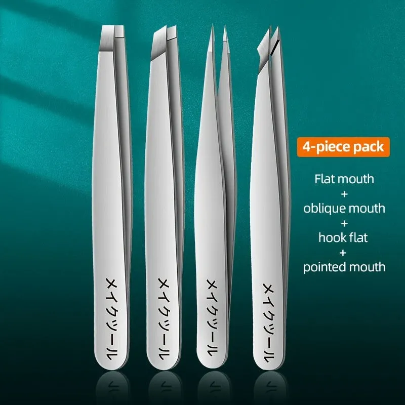 4-piece stainless steel eye tweezer set in silver and pink options for eyebrow grooming