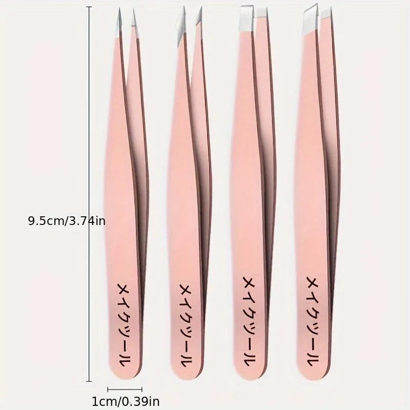 4-piece stainless steel eye tweezer set in silver and pink options for eyebrow grooming