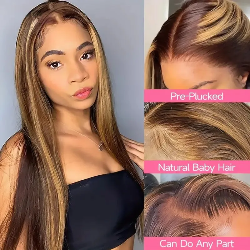 Long straight hair lace front wig side bangs piano colour high temperature fibre full-head