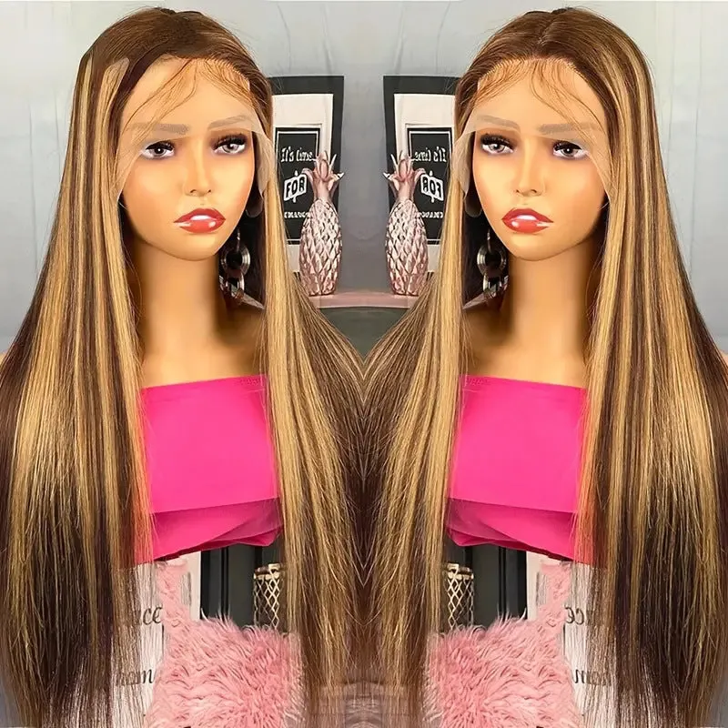 Long straight hair lace front wig side bangs piano colour high temperature fibre full-head
