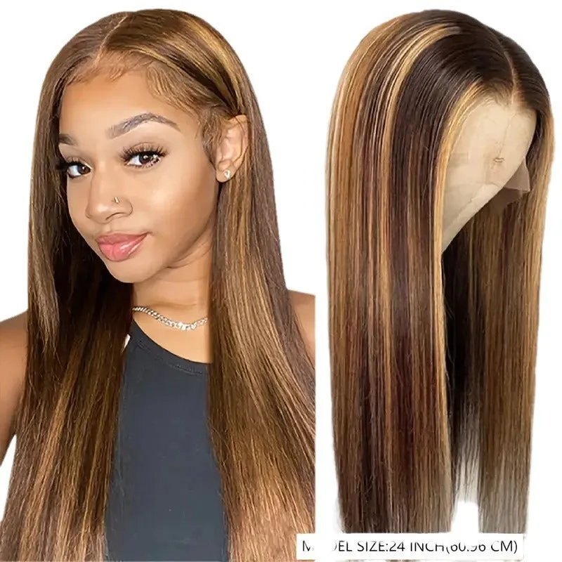 Long straight hair lace front wig side bangs piano colour high temperature fibre full-head