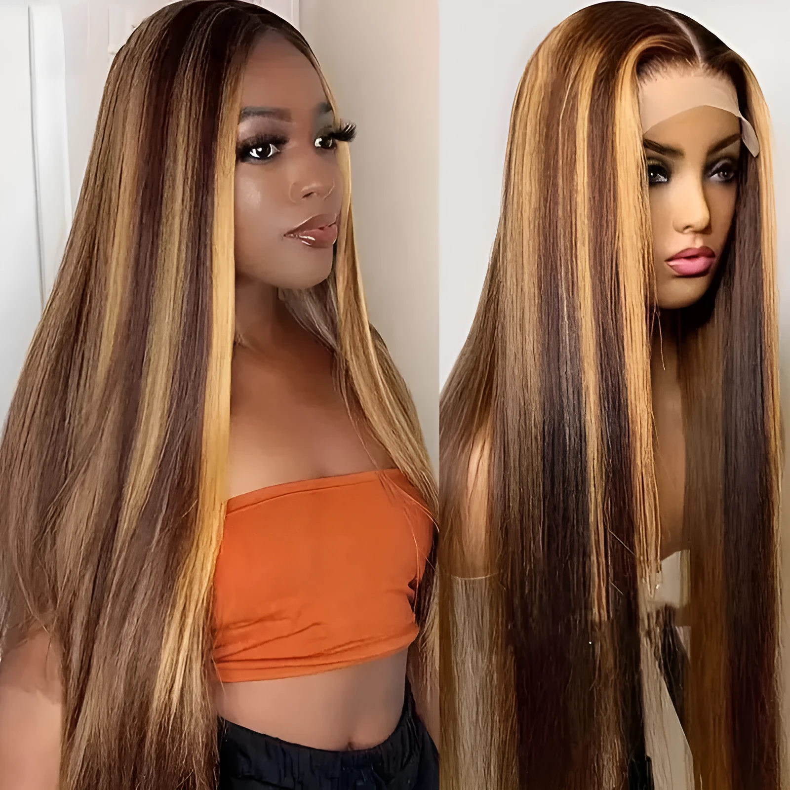 Long straight hair lace front wig side bangs piano colour high temperature fibre full-head
