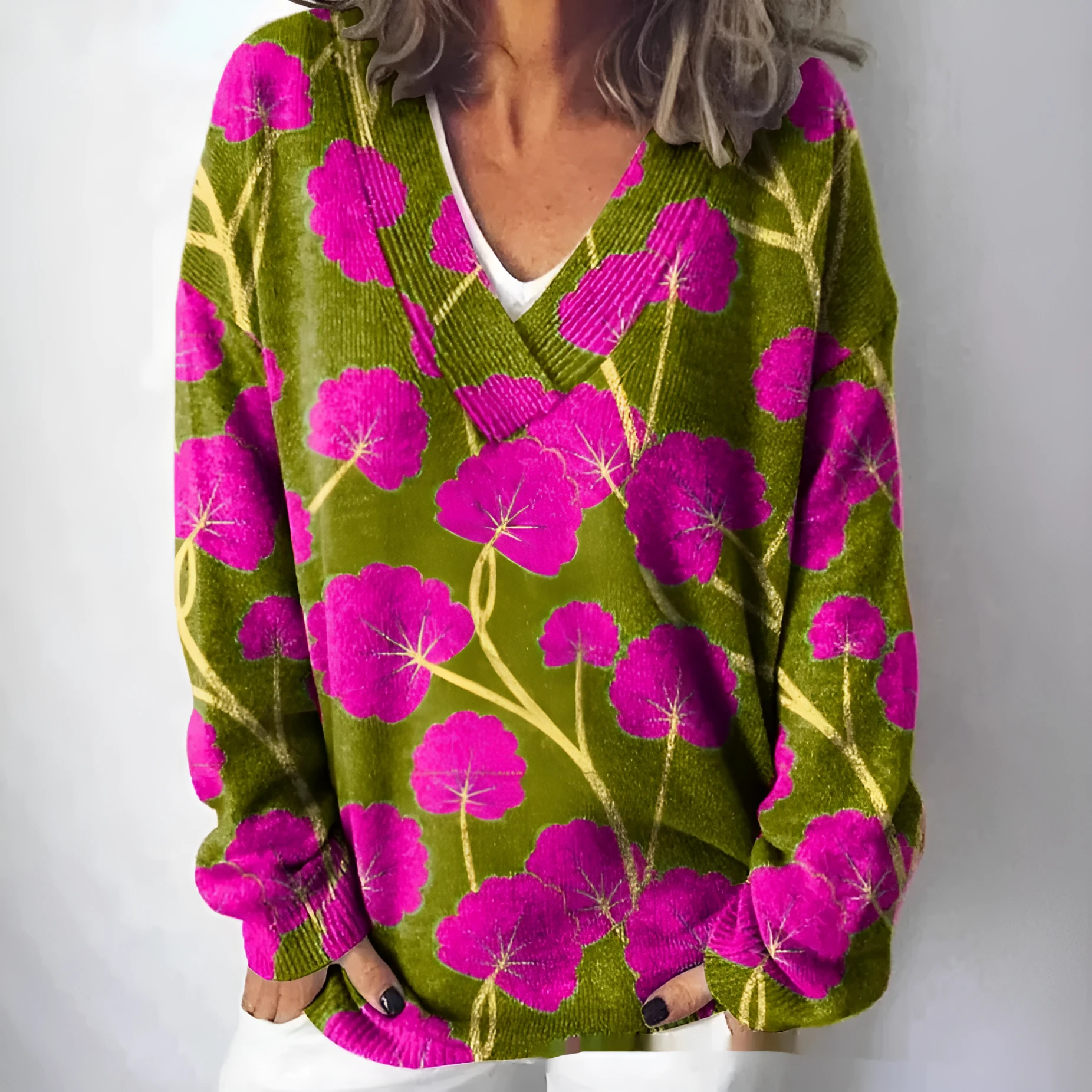Women's v-neck long sleeve sweatshirt with a raised 3D floral pattern print in multiple colour options