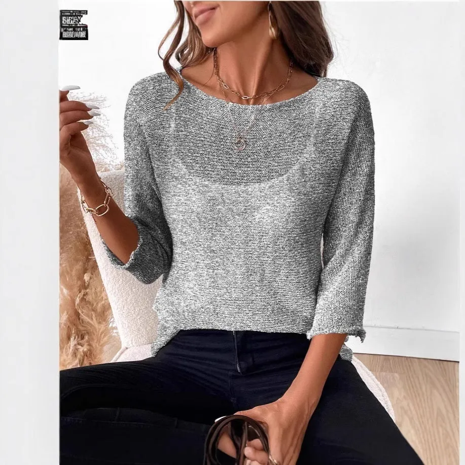 Women's thin knitted off-the-shoulder pullover top in light blue with a 3D pattern.