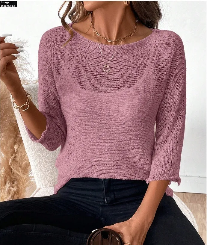 Women's thin knitted off-the-shoulder pullover top in light blue with a 3D pattern.
