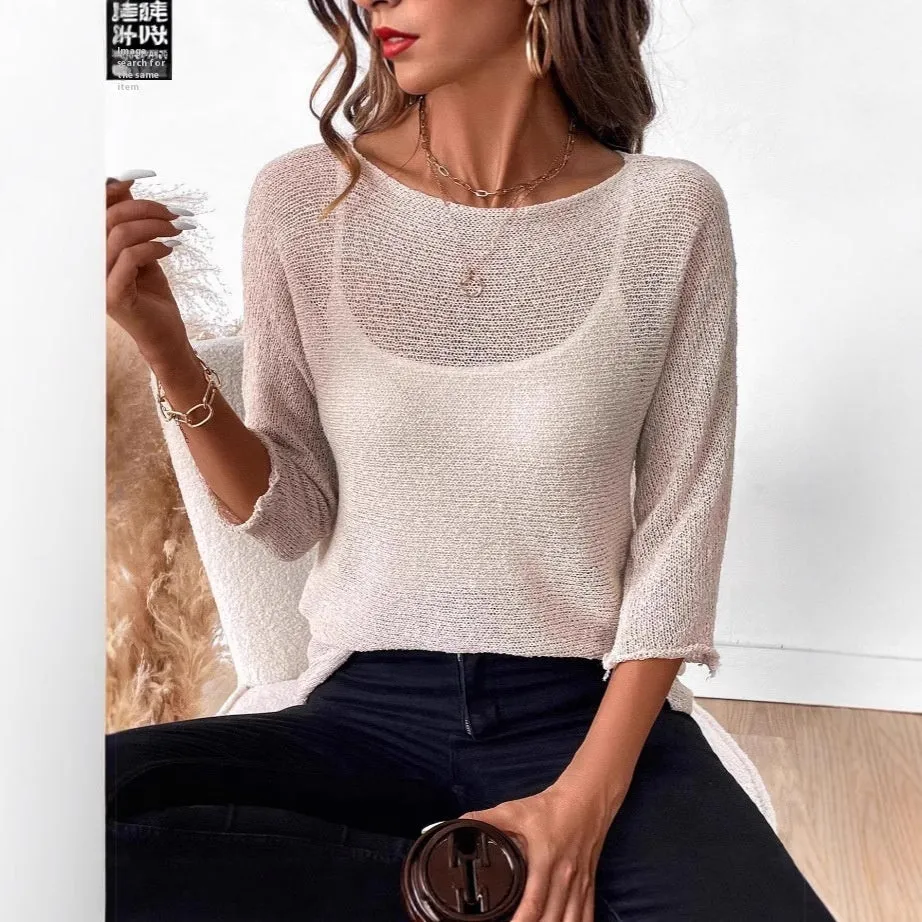 Women's thin knitted off-the-shoulder pullover top in light blue with a 3D pattern.