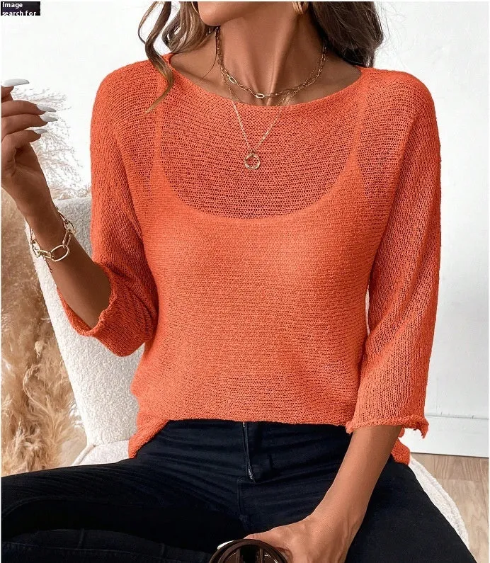 Women's thin knitted off-the-shoulder pullover top in light blue with a 3D pattern.