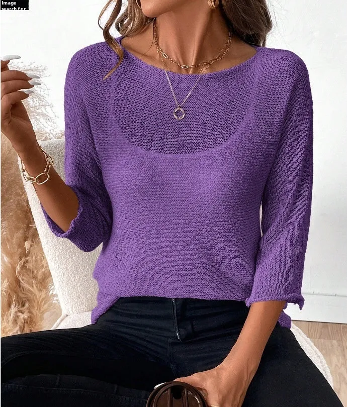 Women's thin knitted off-the-shoulder pullover top in light blue with a 3D pattern.