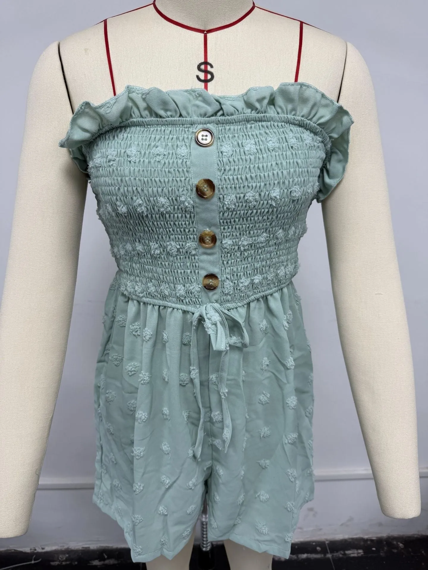 Women's off-shoulder sleeveless jumpsuit in blue polyester with button detail and mid-waist ankle-length design