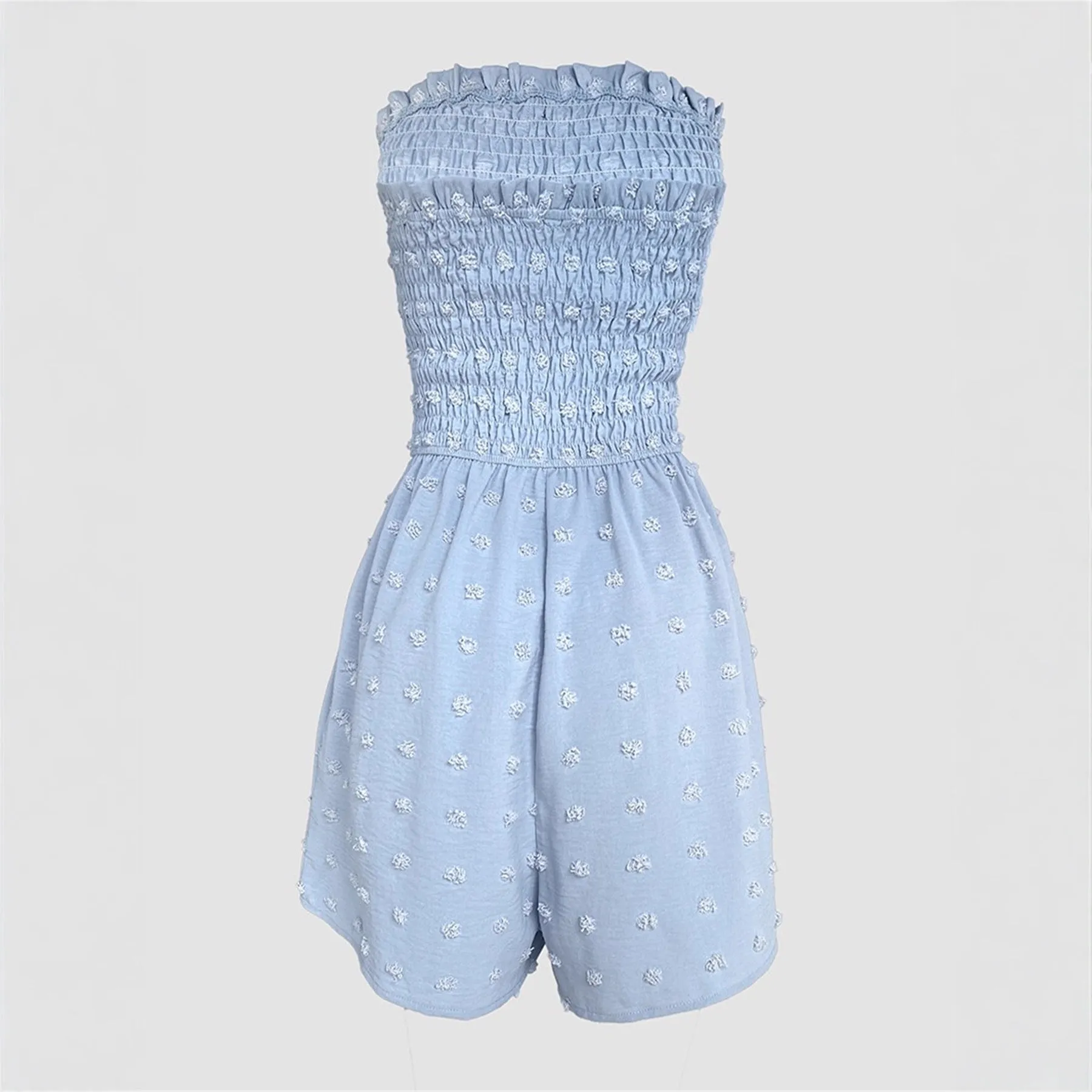Women's off-shoulder sleeveless jumpsuit in blue polyester with button detail and mid-waist ankle-length design