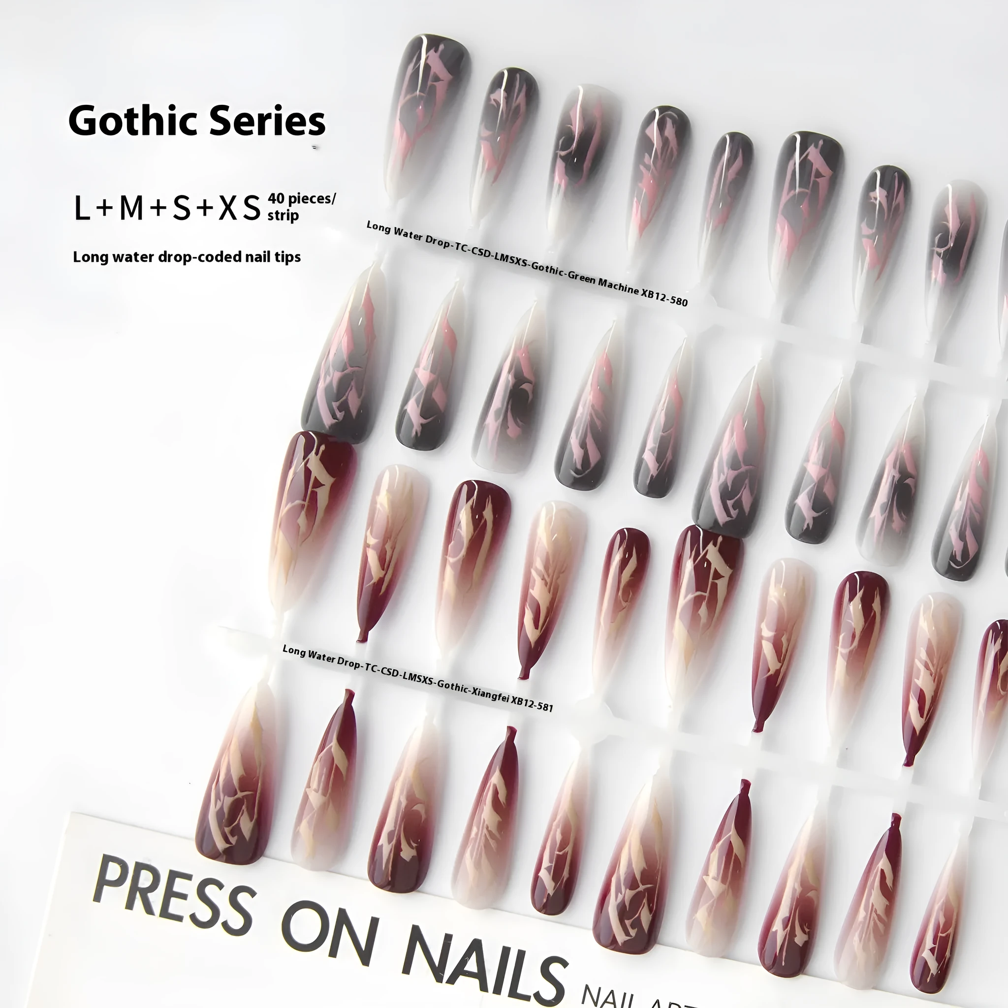 Retro Gothic long water drop frosted nail stickers set 40 pieces in Gothic-Xiangfei colour on an antique style background