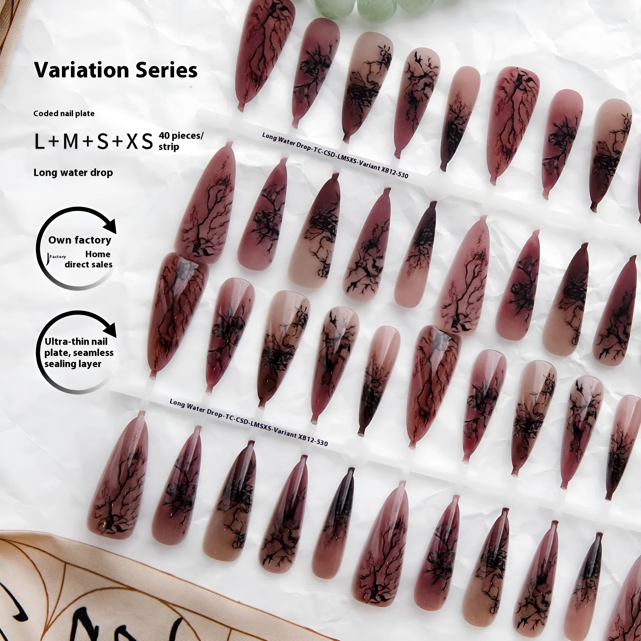 European American Y2G antique gothic fake nail tips in frosted seal finish with long water drop design, 40 pieces