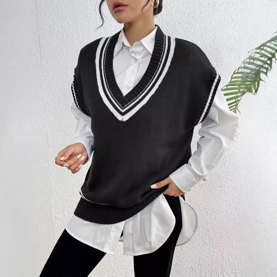 Women's college style wool vest sweater in loose fit pullover design showing black, blue and coffee colour options