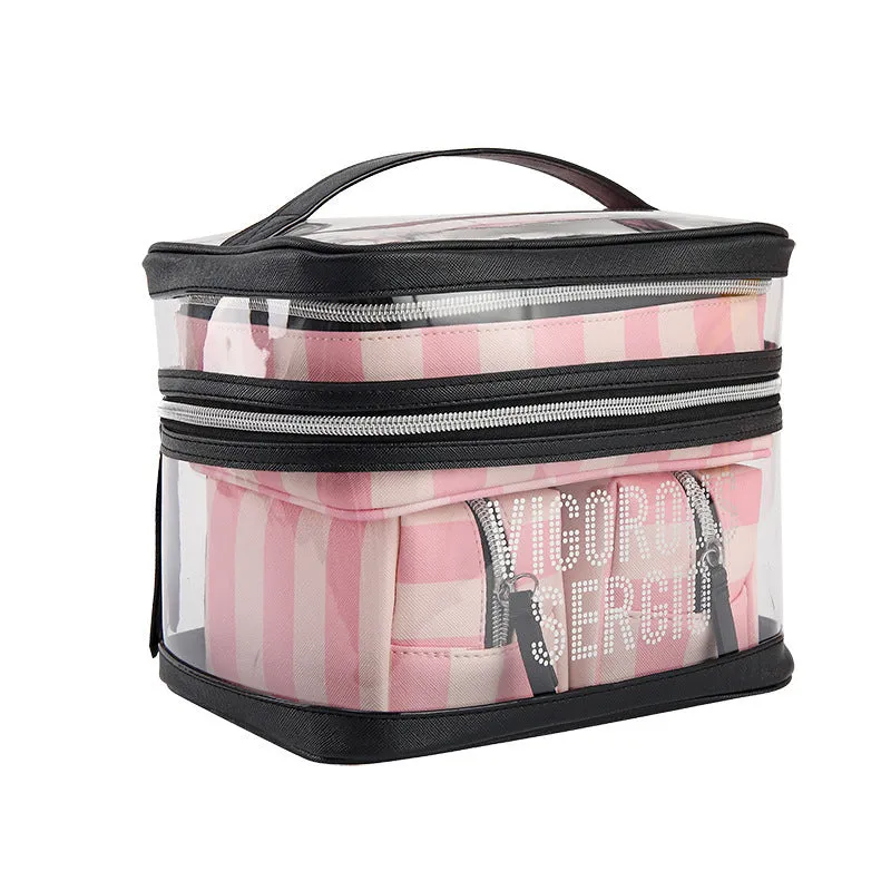 Pink bold stripes floral pattern folding makeup bag with synthetic leather waterproof construction