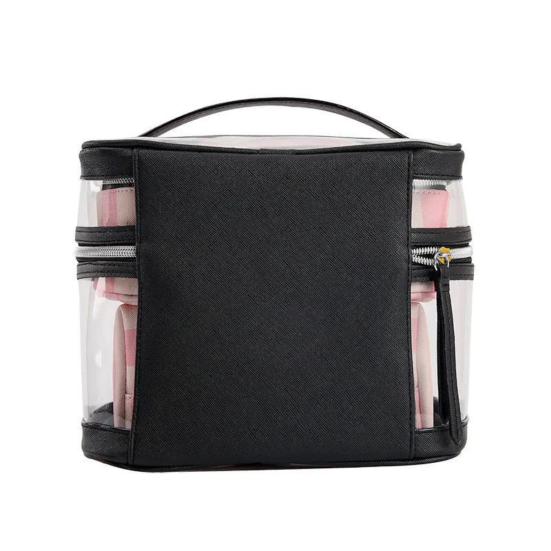 Pink bold stripes floral pattern folding makeup bag with synthetic leather waterproof construction