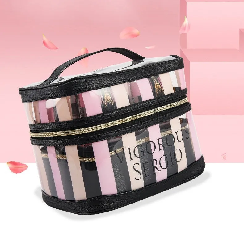Pink bold stripes floral pattern folding makeup bag with synthetic leather waterproof construction