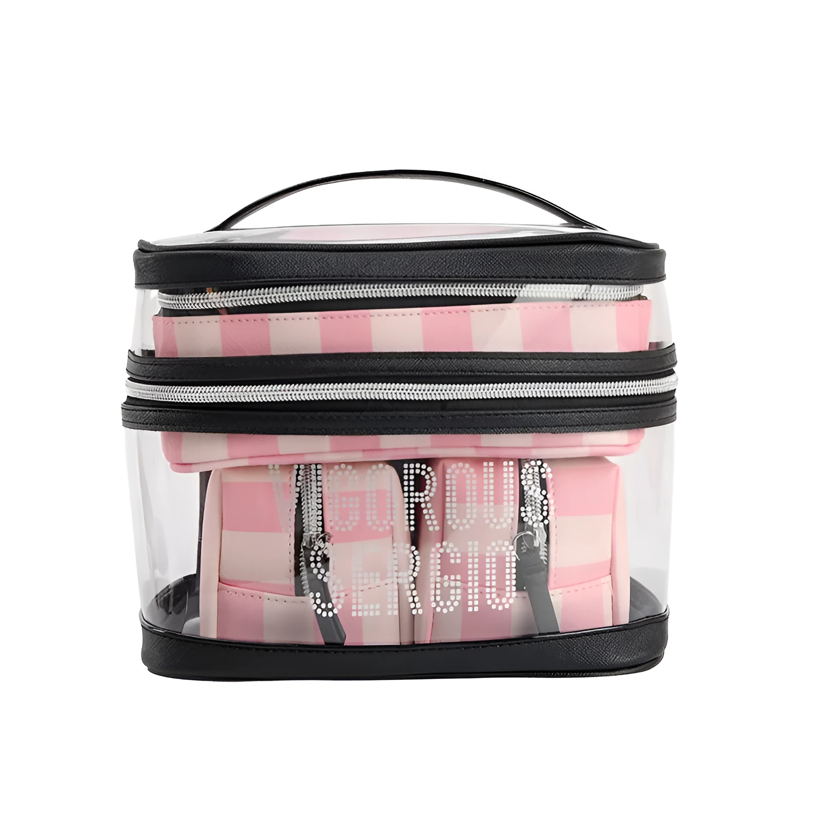 Pink bold stripes floral pattern folding makeup bag with synthetic leather waterproof construction
