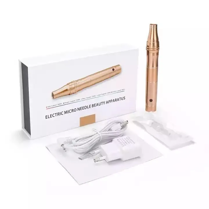 Rose Screw Electric Microneedle Beauty Repair IPL Device in rose gold finish with USB cable and multiple plugs