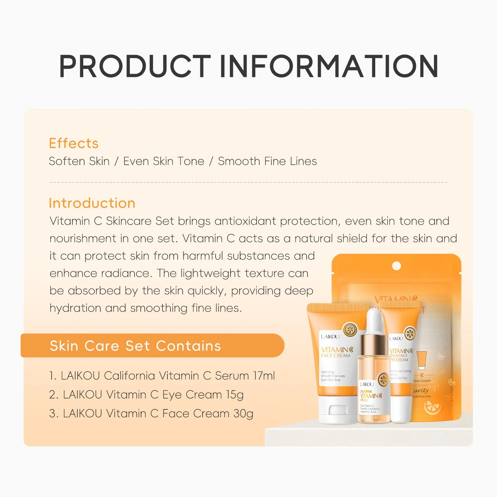 Laikou Vitamin C skin care set 3-piece set with facial cleanser eye cream and essence for brightening