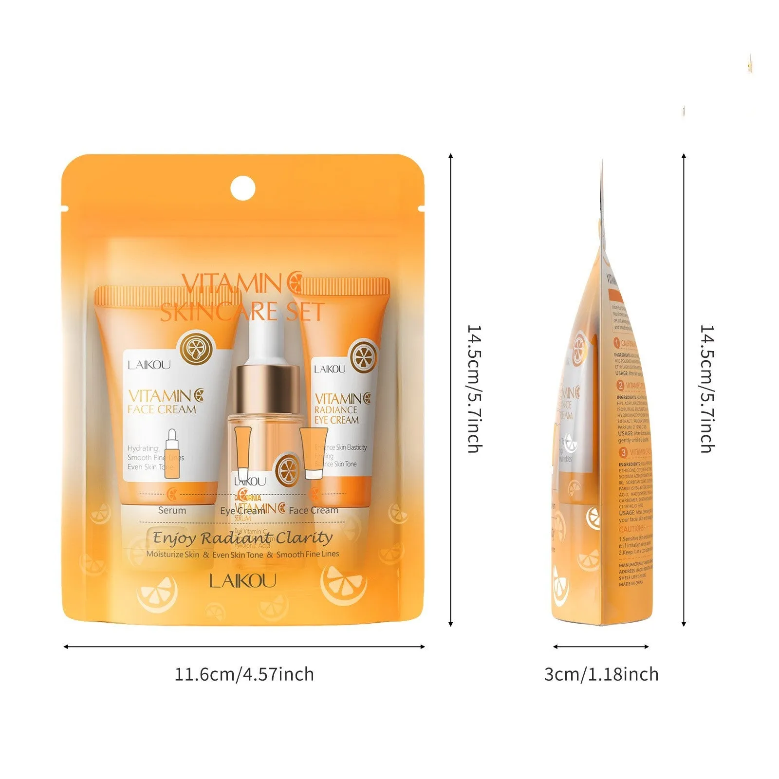 Laikou Vitamin C skin care set 3-piece set with facial cleanser eye cream and essence for brightening