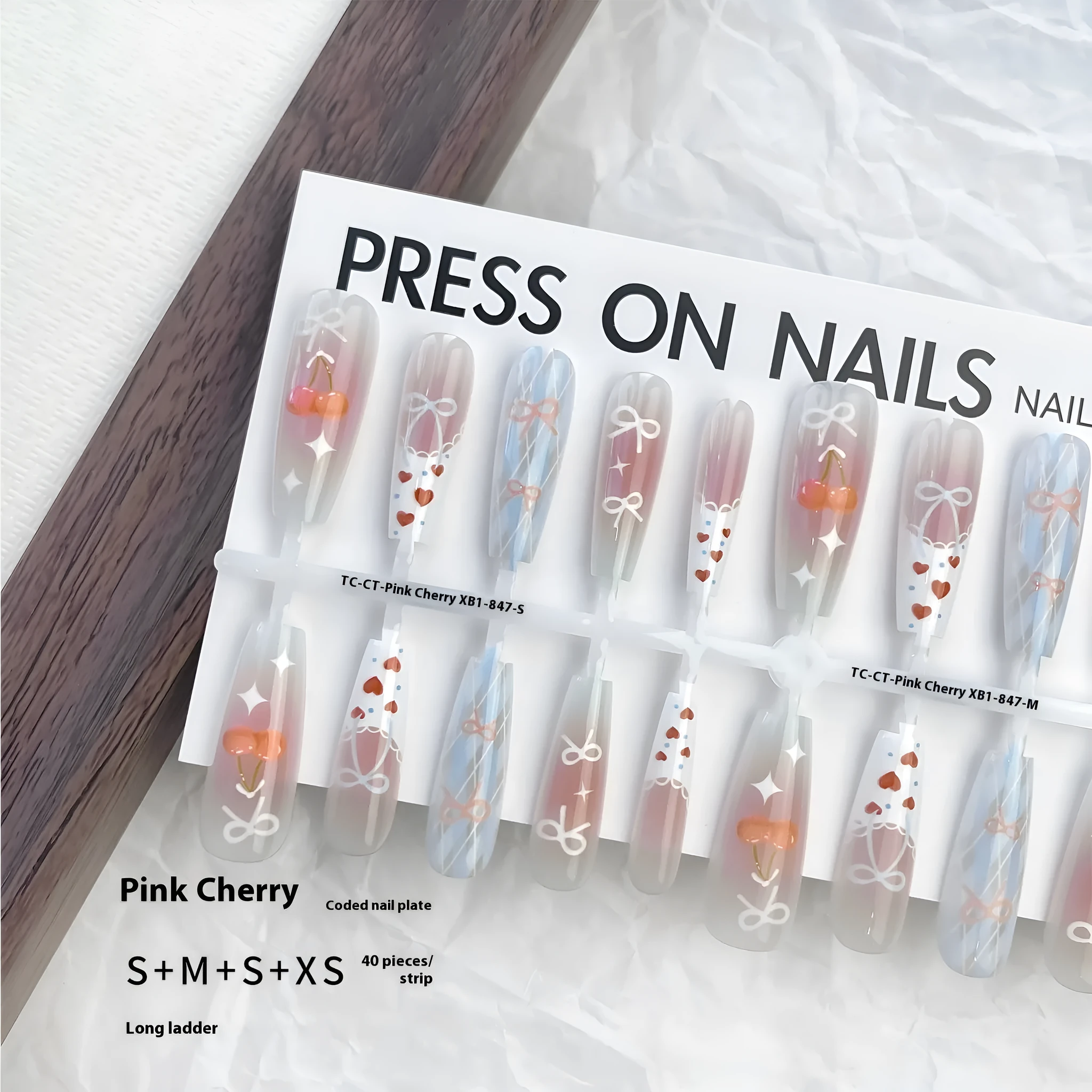 Retro gothic prefabricated nail stickers in pink cherry long ladder shape, 40 pieces per set