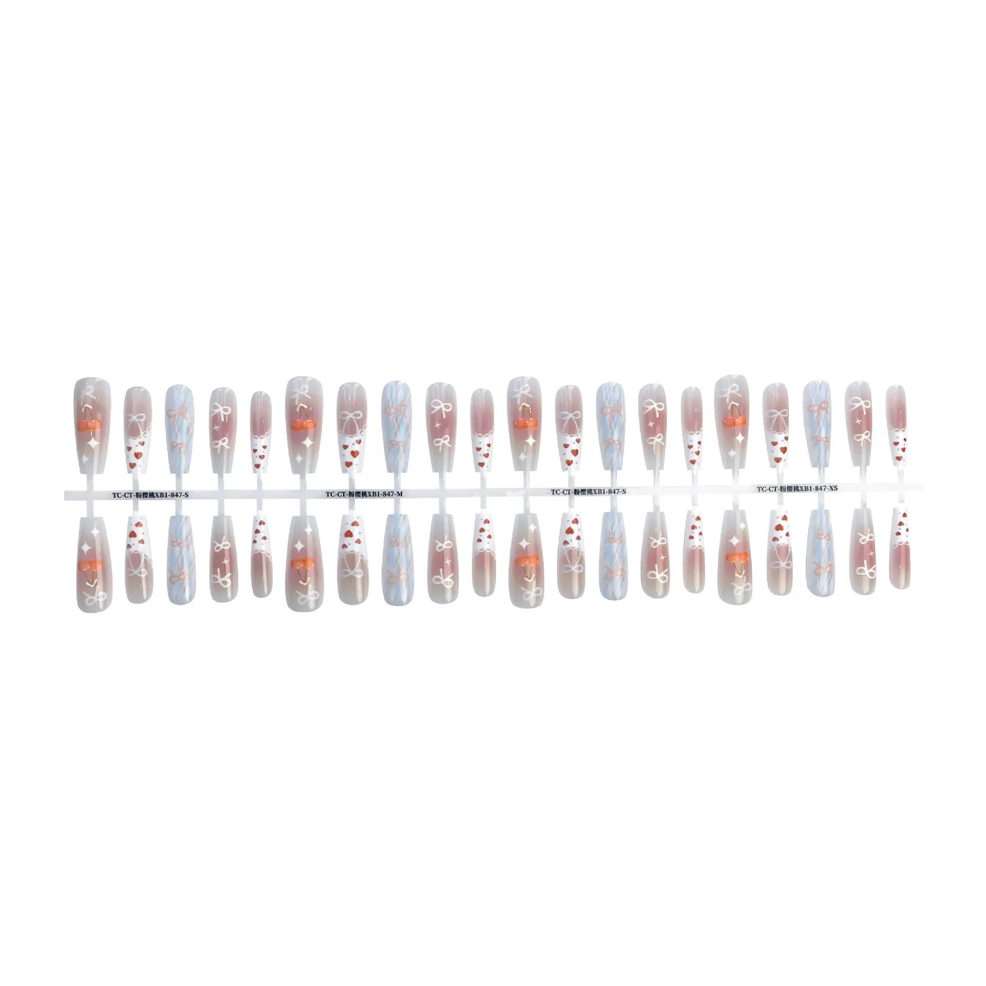 Retro gothic prefabricated nail stickers in pink cherry long ladder shape, 40 pieces per set