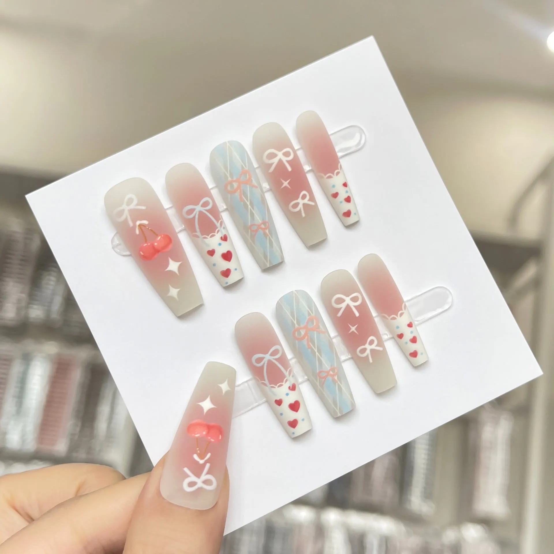 Retro gothic prefabricated nail stickers in pink cherry long ladder shape, 40 pieces per set