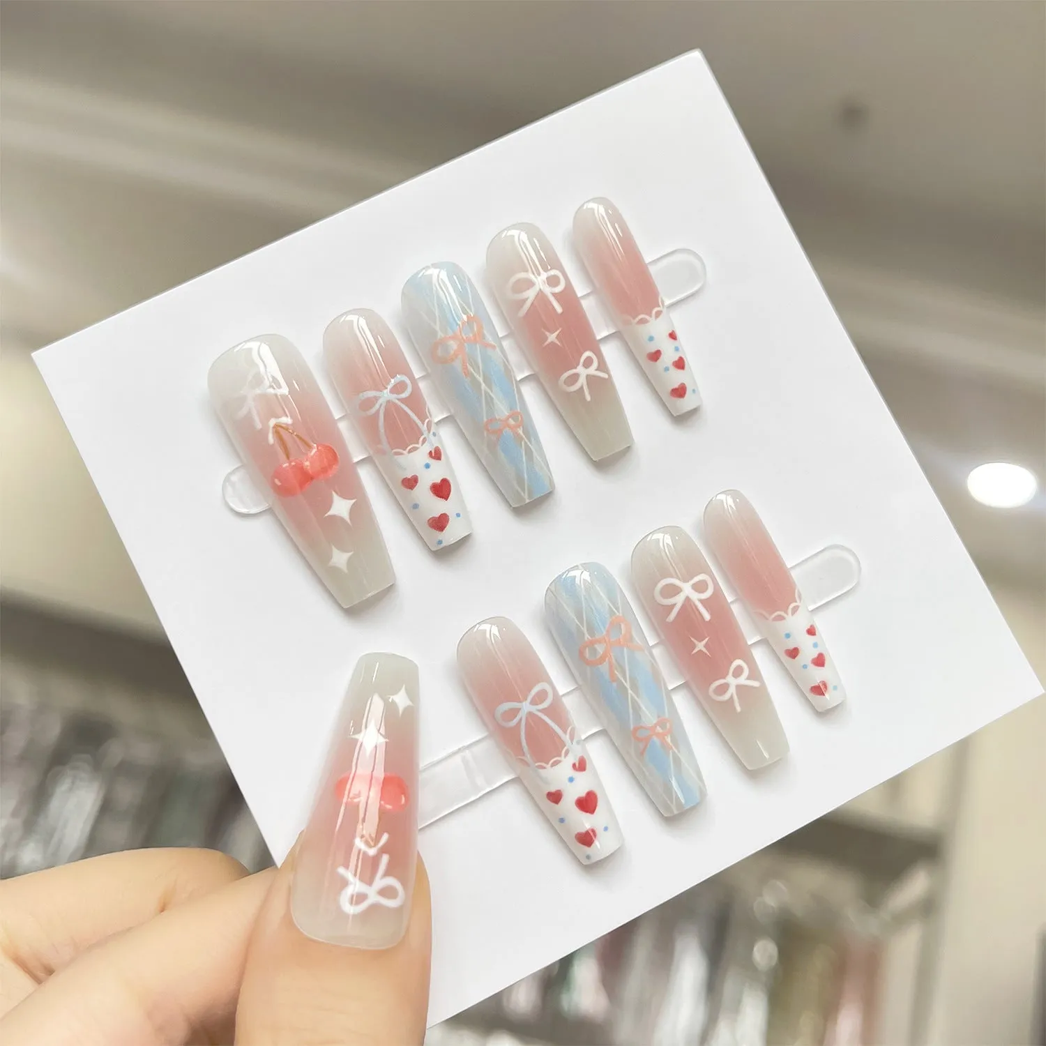Retro gothic prefabricated nail stickers in pink cherry long ladder shape, 40 pieces per set