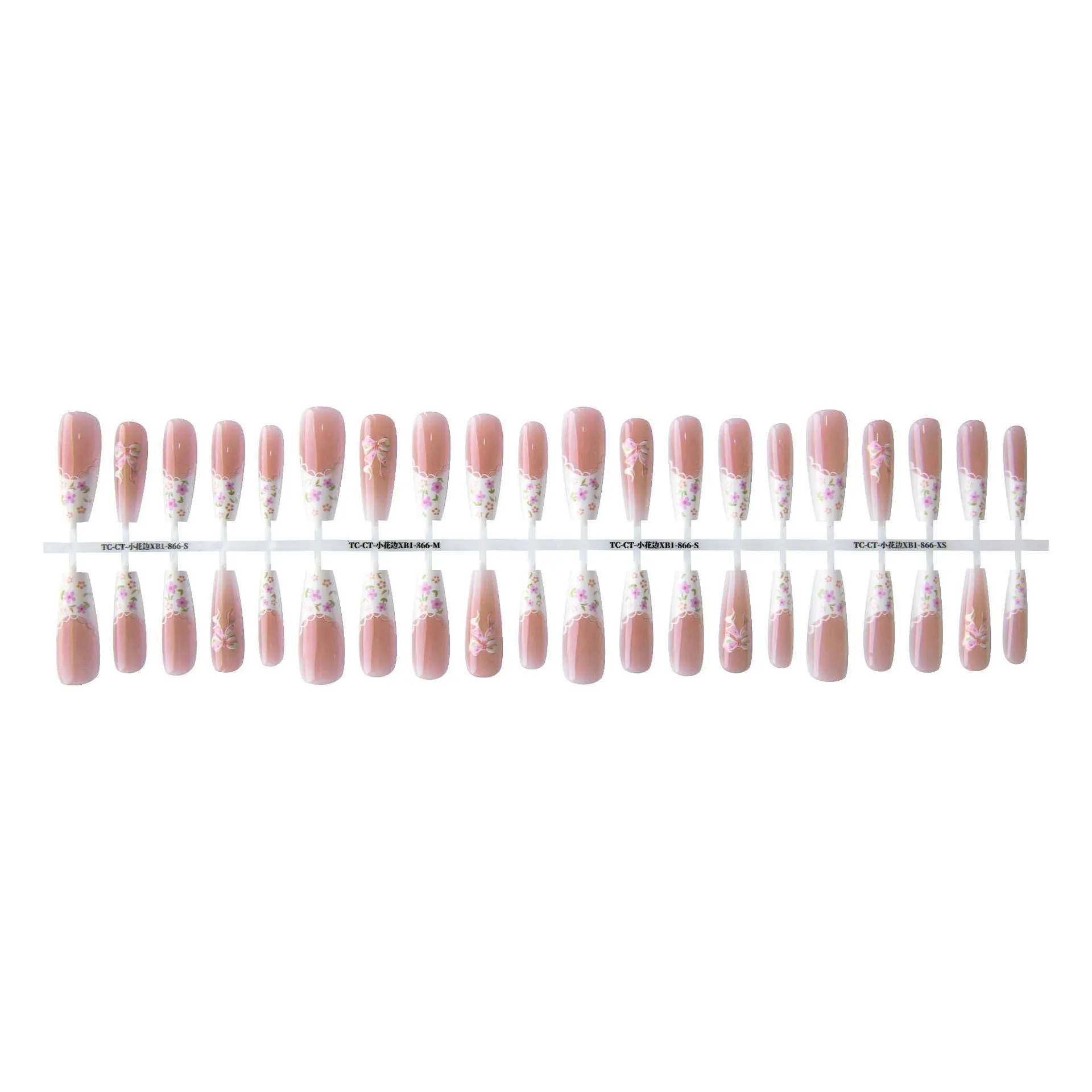 Set of 40 small floral prefabricated nail tips with long ladder velvet seal layer in white, displayed on a flat surface